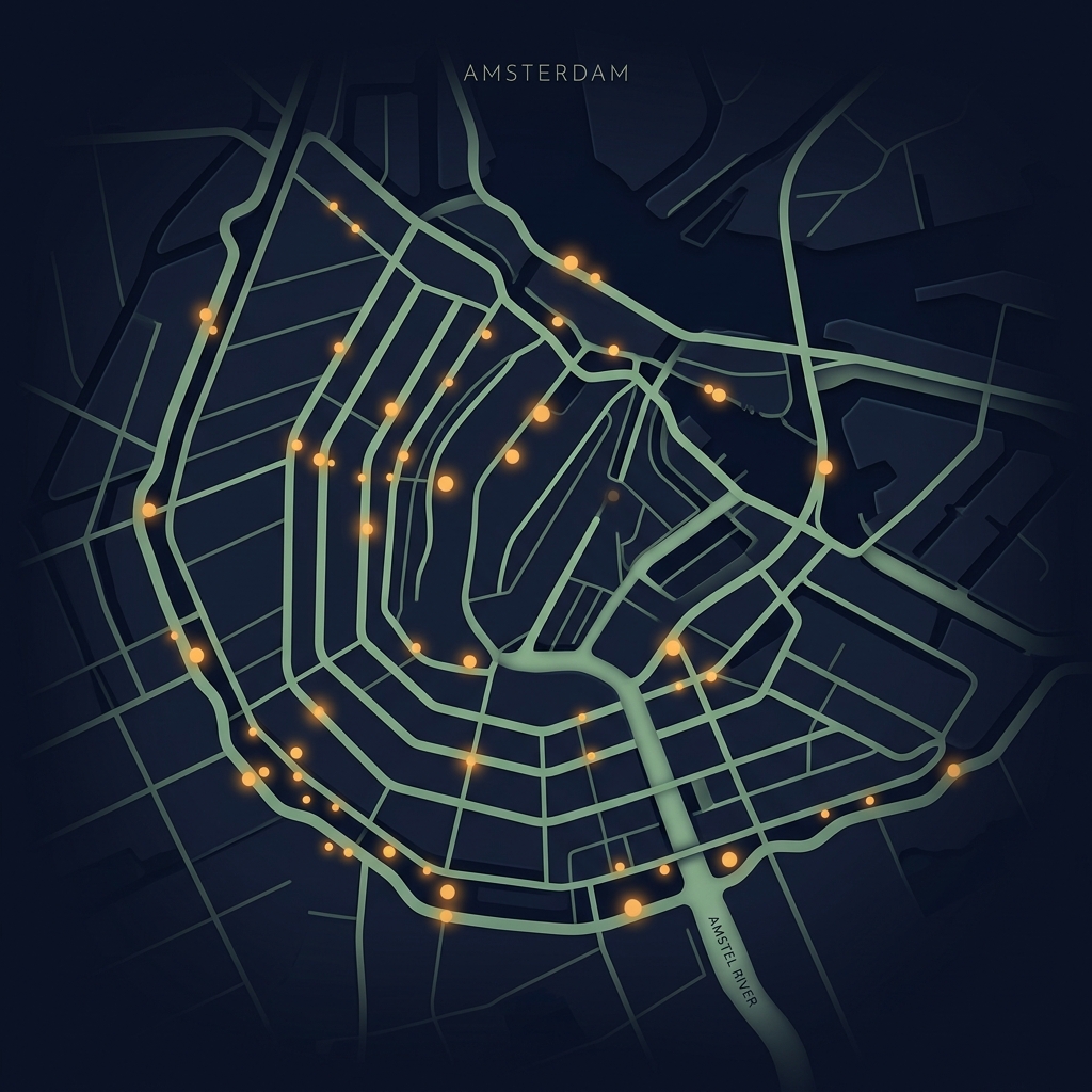 An abstract, premium dark mode visualization of an Amsterdam canal map at night.
