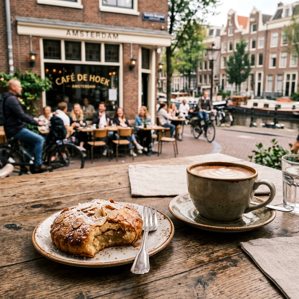 A delicious Dutch pastry and coffee at a local cafe.