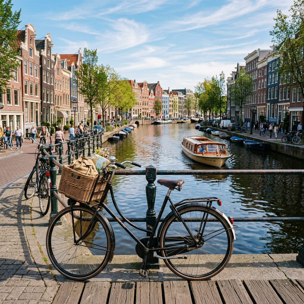A beautiful Amsterdam canal on a sunny day.