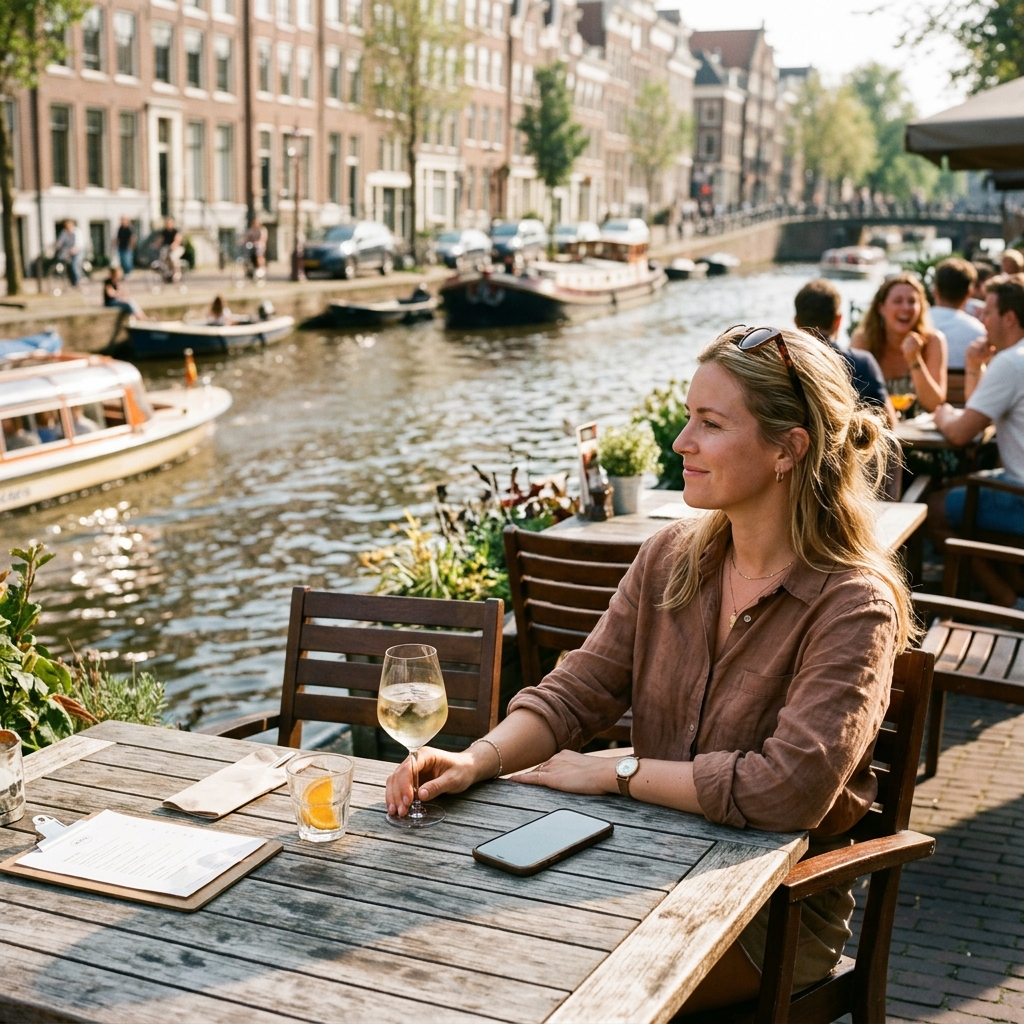A person deeply relaxed by an Amsterdam canal, ignoring their phone.