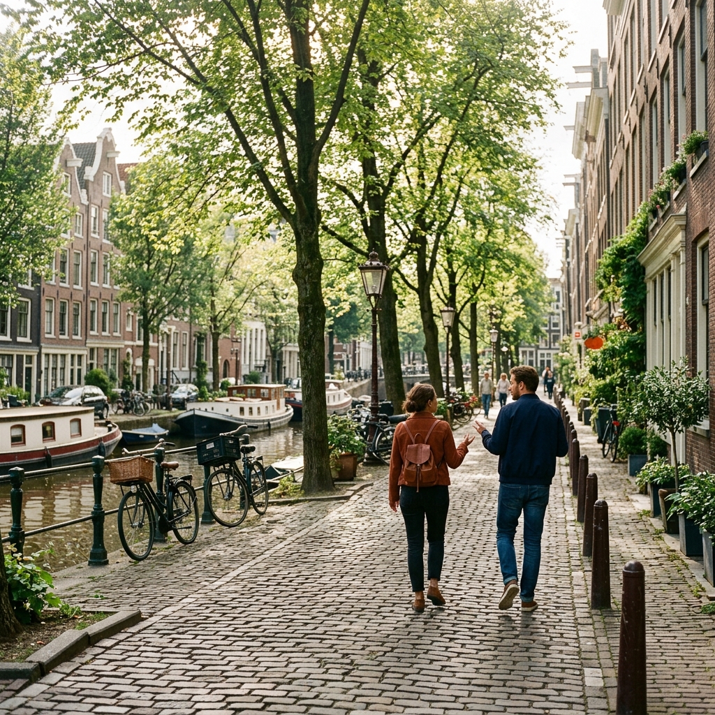 Two people walking along a picturesque, tree-lined Amsterdam street.